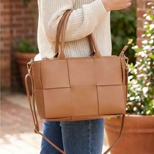 Elegant Tan Genuine Italian Leather Woven Tote Bag